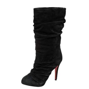 Pre Owned Christian Louboutin Black Pleated Suede Prios Mid Calf Boots Size 36