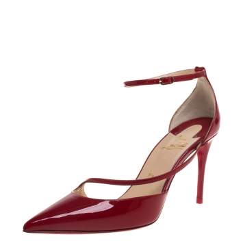 Pre Owned  Christian Louboutin Red Patent Leather Fliketta Ankle Strap Pointed Toe Pumps Size 38