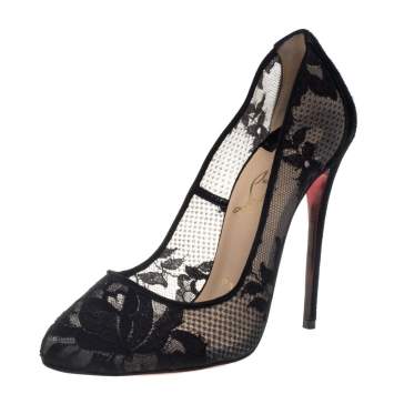 Pre Owned Christian Louboutin Black Lace And Suede Dorissima Pumps Size 35