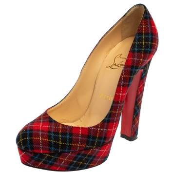Pre Owned Christian Louboutin Red  Fabric Bibi Flannel Plaid Platform Pumps Size 38