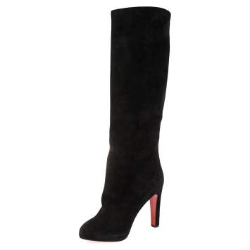 Pre Owned Christian Louboutin Black Suede Dorfifa Knee Length Platform Boots Size 40.5