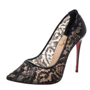 Pre Owned Christian Louboutin Black Lace and Patent Leather Follies Pointed Toe Pumps Size 38.5