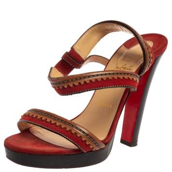 Pre Owned Christian Louboutin Red Leather And Suede Trepi City Sandals Size 38.5