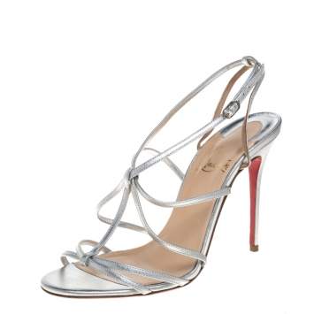 Pre Owned Christian Louboutin Metallic Silver Audrey Strappy Sandals Size 38.5