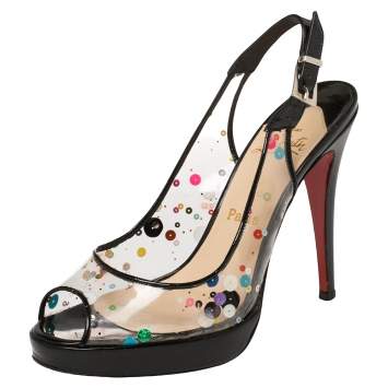 Pre Owned Christian Louboutin Black Patent And PVC Sequin Embellished Slingback Platform Sandals Size 38
