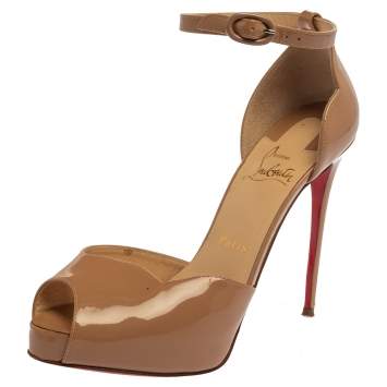 Pre Owned Christian Louboutin Beige Patent Leather  Aketata Peep Toe Ankle Wrap Pumps Size 37.5
