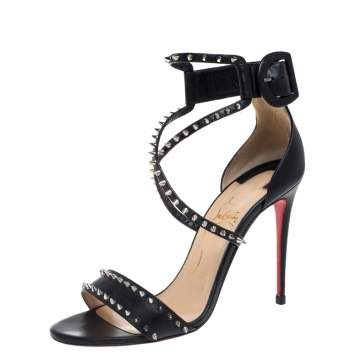 Pre Owned Christian Louboutin Black Leather Choca Spikes Sandals Size 37.5