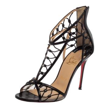 Pre Owned Christian Louboutin Black Leather Martha Lattice Sandals Size 39.5