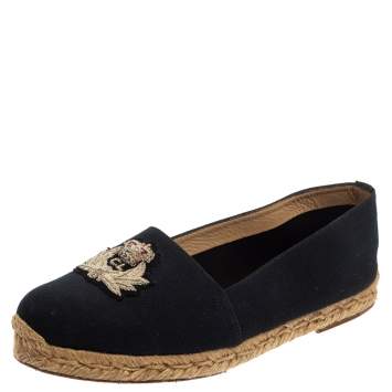 Pre Owned Christian Louboutin Navy Blue Canvas Gala Embroidered Crest Espadrilles Size 39