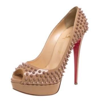 Pre Owned Christian Louboutin Nude Patent Leather Lady Peep Toe Spikes Platform Pumps Size 40