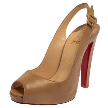 Pre Owned Christian Louboutin Nude Leather Platform  Slingback Pumps Size 39.5