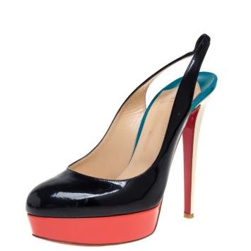 Pre Owned Christian Louboutin Muticolor Patent Leather ColorBlock Platform Slingback Pumps Size 40