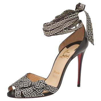 Pre Owned Christian Louboutin Black/monochrome Leather And Fabric Christeriva  Ankle Wrap Sandals Size 39