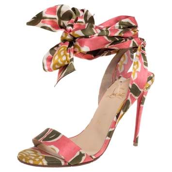 Pre Owned Christian Louboutin  Multicolor Satin Sandale Du Desert  Lace up Sandals 37.5