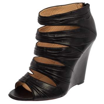 Pre Owned Christian Louboutin Black Leather Ruched Cut Out Developpa Booties Size 39