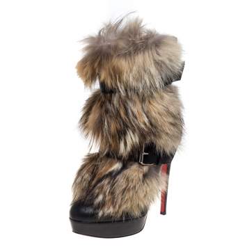 Pre Owned Christian Louboutin Fur And Leather Toundra Coyote Ankle Boots Size 41