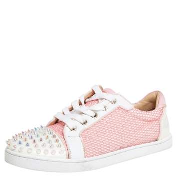Pre Owned Christian Louboutin Pink Fabric And Patent Leather Spiked Louis Junior Sneakers Size 37
