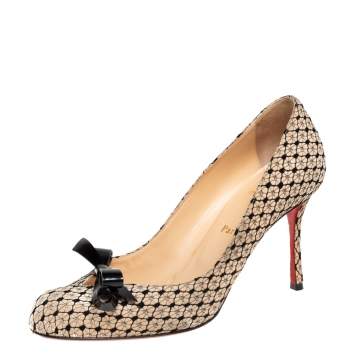 Pre Owned Christian Louboutin Beige Suede and Lace Bow Pumps Size 39