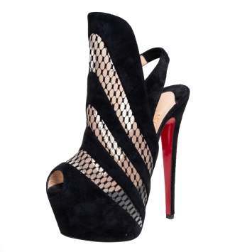 Pre Owned Christian Louboutin Suede and Lace Guizi Platform Ankle Boots Size 36.5