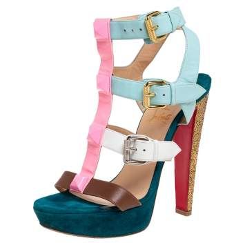 Pre Owned Christian Louboutin Multicolor Patent And Leather Rocknbuckle Sandals Size 38.5