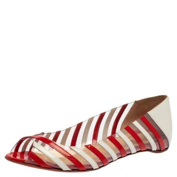 Pre Owned Christian Louboutin Red Patent Leather and PVC Peep Toe A6 Ballet Flats Size 38