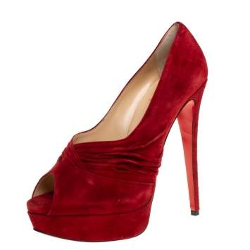 Pre Owned Christian Louboutin Red Suede Ruched Detail Drapadita Platform Peep Toe Pumps Size 40