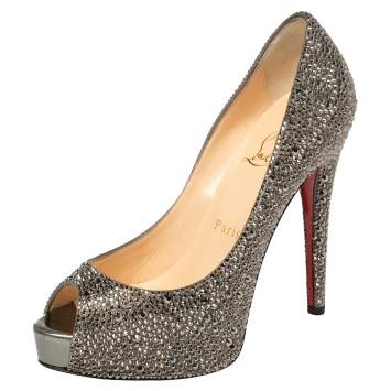 Pre Owned Christian Louboutin Grey Leather And Crystal Embellished Lady Peep Platform Pumps Size 36