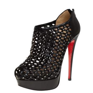 Pre Owned Christian Louboutin Black Leather Embellished Kasha Caged Booties Size 36.5