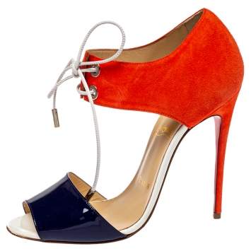 Pre Owned Christian Louboutin Two Tone Patent Leather and Suede Mayerling Lace-Up Sandals Size 37