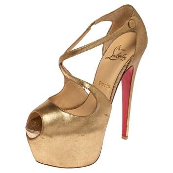 Pre Owned Christian Louboutin Gold Leather Exagona Platform Pumps Size 37