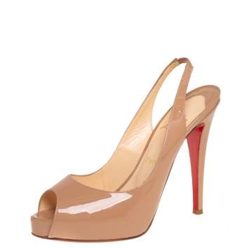 Pre Owned Christian Louboutin Beige Patent Leather Private Number Slingback Sandals Size 38.5