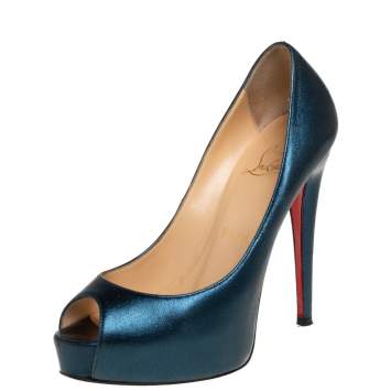 Pre Owned Christian Louboutin Metallic Blue Leather New Very Prive Peep Toe Platform Pumps Size 35.5