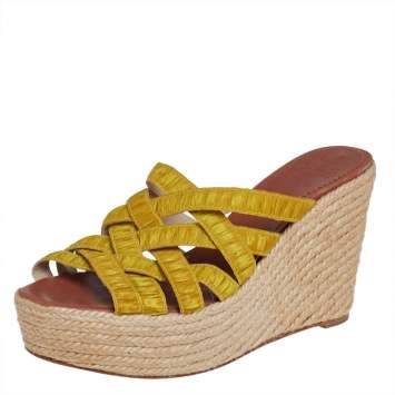 Pre Owned Christian Louboutin Yellow Fabric Espadrilles Wedge Sandals Size 38