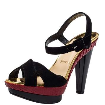 Pre Owned Christian Louboutin Black/Red Suede And Python Leather Falaise Sandals Size 39