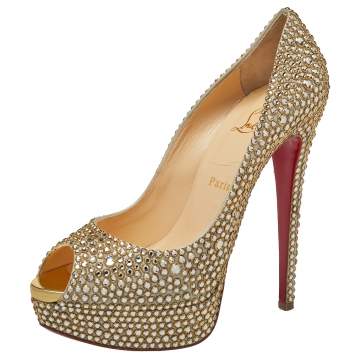 Pre Owned Christian Louboutin Gold Crystal Embellished Lady Peep Toe Aurora Boreale Platform Pumps  Size 39.5