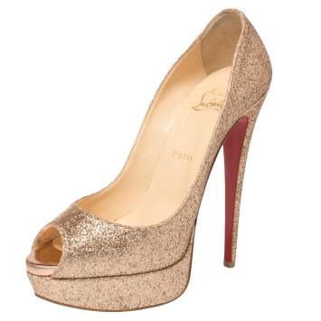 Pre Owned Christian Louboutin Gold Glitter Platform Peep Toe Pumps Size 39