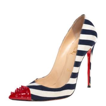Pre Owned Christian Louboutin Blue/ White Canvas And Patent Leather Geo Striped Spike Pumps Size 38.5