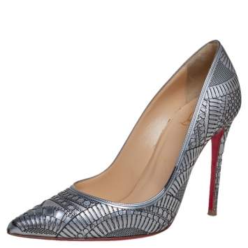Pre Owned Christian Louboutin Metallic Silver Laser Cut Leather Kristali Pointed Toe Pumps Size 36