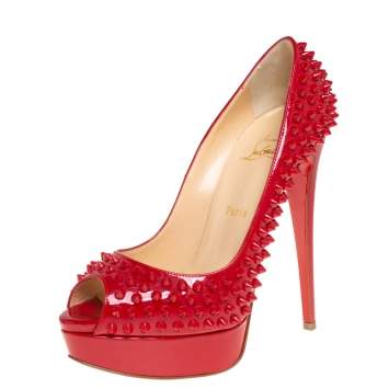 Pre Owned Christian Louboutin Red Patent Lady Peep Toe Spikes Platform Pumps Size 39