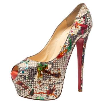 Pre Owned Christian Louboutin Multicolor Python Carnival Highness Peep Toe Platform Pumps Size 38.5
