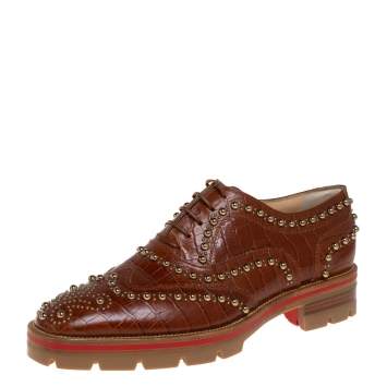 Pre Owned Christian Louboutin Brown Croc Embossed Leather Crapadonna Oxfords Size 37