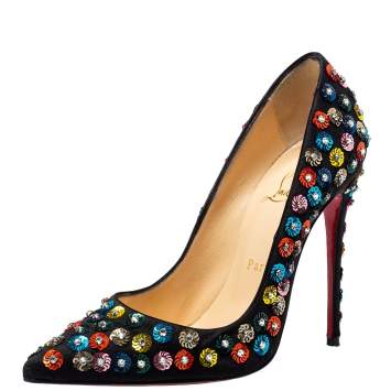 Pre Owned Christian Louboutin Black Satin Embellished Fiorilili Pumps Size 36