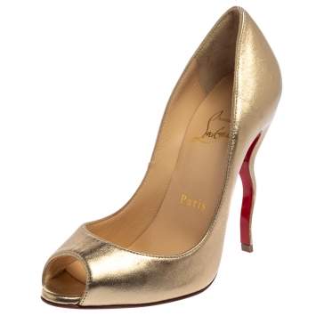 Pre Owned Christian Louboutin Gold Leather Jolly Squiggle Peep Toe Pumps Size 35.5