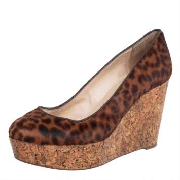 Pre Owned Christian Louboutin Brown Leopard Print Pony Hair Coroclic Cork Wedge Platform Pumps  Size 38