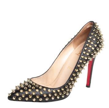 Pre Owned Christian Louboutin Black Leather Pigalle Spikes Pointed Toe Pumps Size 39.5