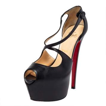 Pre Owned Christian Louboutin Black Leather Exagona Platform Sandals Size 36.5
