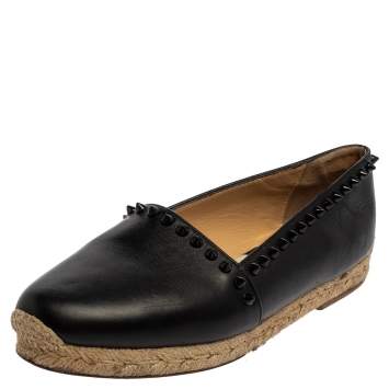 Pre Owned Christian Louboutin Black Leather Melides Spike Trim Flat Espadrilles Size 37