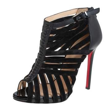 Pre Owned Christian Louboutin Black  Leather And Suede Caged Karina Ankle Booties Size 39
