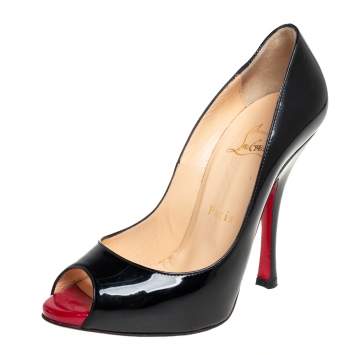 Pre Owned Christian Louboutin Black Patent Leather Very Prive Peep Toe Pumps Size 36.5