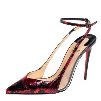 Pre Owned Christian Louboutin Red/Black Python-Embossed Leather and PVC Ankle Strap Pumps Size 38